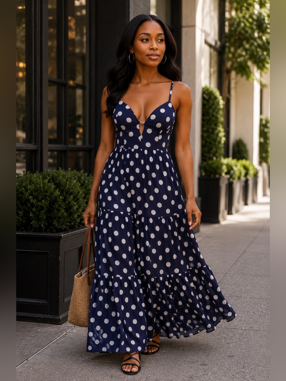 Polka Dot Navy Maxi Dress with Spaghetti Straps